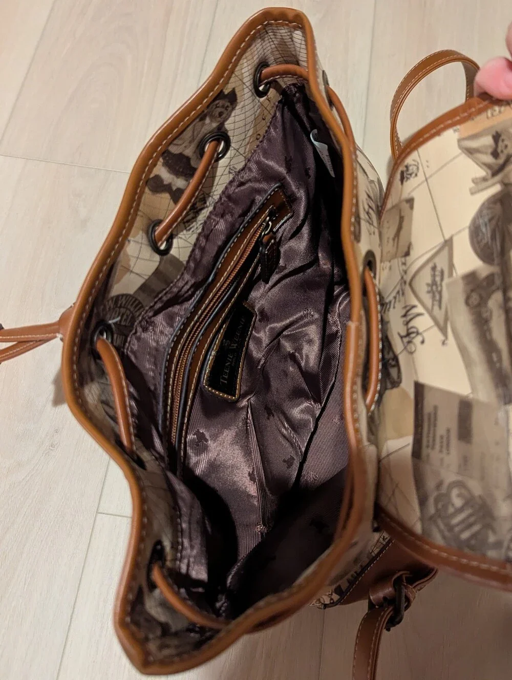 Canvas Map And Bear Print Mini Backpack with Brown Trim